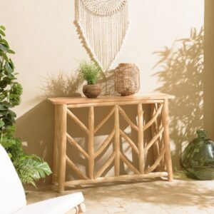 wohnli-moebel-suche-M24033075-1 Konsole aus natürlichem Teakholz mit luftigem Gestell 120x85x35cm Holz Braun MACABANE Möbel Wohnzimmermöbel Konsolentische