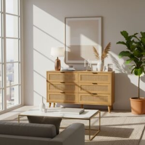 Konsolentisch aus hellem Holz mit 6 Schubladen aus geflochtenem Rattan 120x77x40cm Spanplatte Braun Urban Meuble Möbel Badezimmermöbel Badezimmerschränke