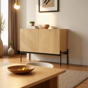 Wohnzimmer-Sideboard aus Holz mit geometrischen Mustern 100x70x40cm Spanplatte Beige Urban Meuble Möbel Esszimmermöbel Sideboards, Highboards & niedrige Anrichten