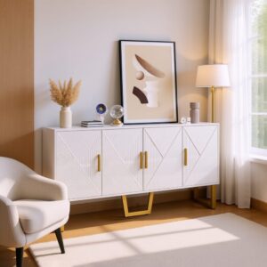 wohnli-moebel-suche-M24038070-1 Dekorative Vitrine aus Holz in Weiß und Gold mit 4 Türen 150x82x40cm Spanplatte Weiß Urban Meuble Möbel Esszimmermöbel Vitrine und Vitrinenschrank