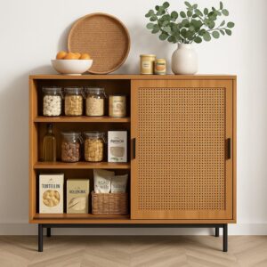 Küchenanrichte aus Holz mit Rohrtüren 100x90x37cm Spanplatte Braun Urban Meuble Möbel Esszimmermöbel Sideboards, Highboards & niedrige Anrichten