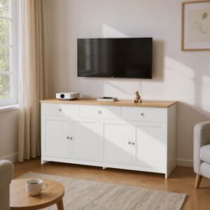Weißer TV-Ständer mit Holzplatte – Elegantes und praktisches Design 160x75x37cm Spanplatte Weiß Urban Meuble Möbel Wohnzimmermöbel TV-Möbel