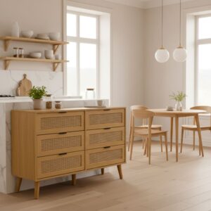 wohnli-moebel-suche-M24038076-1 Küchenschrank aus hellem Holz mit 6 Schubladen aus Rattan 120x77x40cm Spanplatte Braun Urban Meuble Möbel Schlafzimmermöbel Schminktische