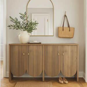 Konsolentisch aus geripptem Holz mit abgerundeten gemusterten Türen 147x80x40cm Spanplatte Braun Urban Meuble Möbel Wohnzimmermöbel Konsolentische