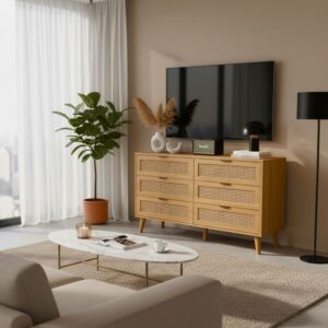 TV-Ständer aus hellem Holz mit 6 Schubladen aus Rattan 120x77x40cm Spanplatte Braun Urban Meuble Möbel Wohnzimmermöbel TV-Möbel