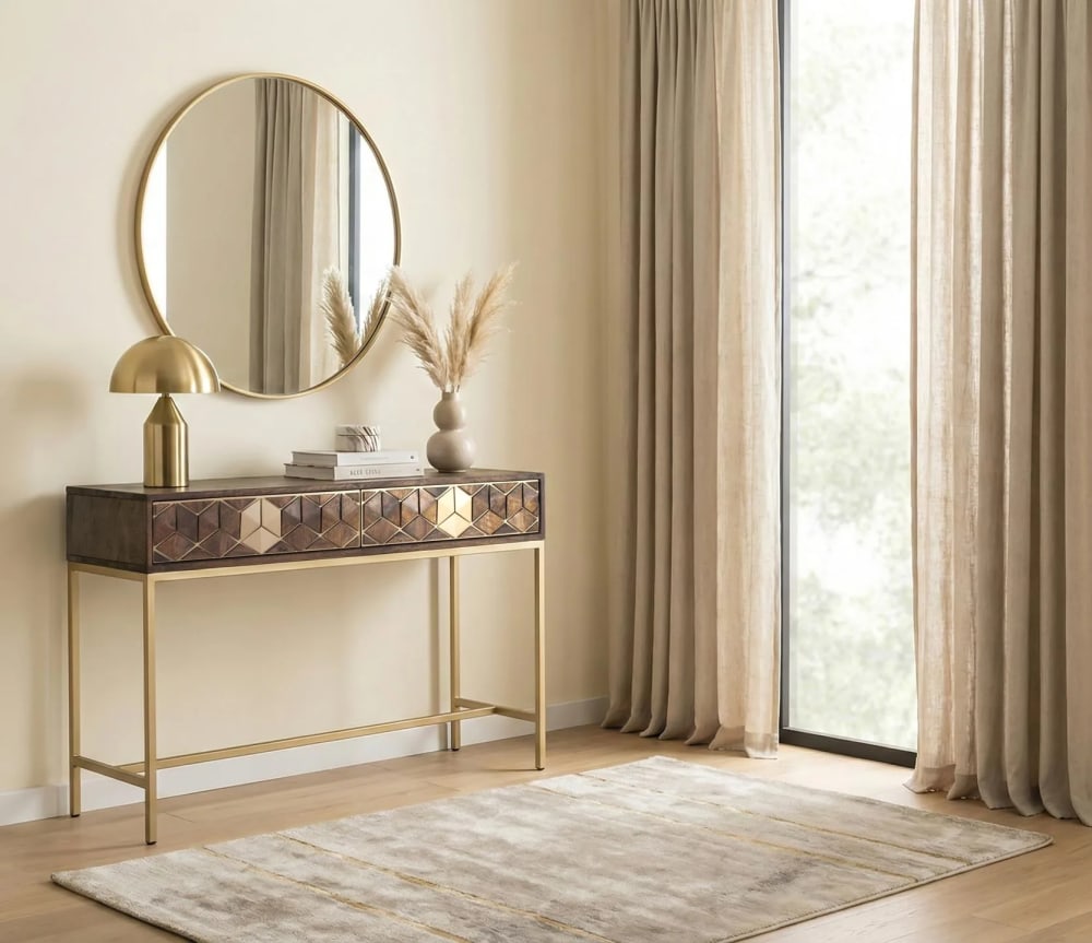wohnli-moebel-suche-M24040441-1 Konsole aus Mango-Walnuss und Gold mit einzigartiger Eleganz 122x76x40cm Holz Braun GINER Y COLOMER Möbel Wohnzimmermöbel Konsolentische