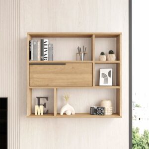 wohnli-moebel-suche-M24041626-1 Wandregal mit 3 Regalböden und 1 Tür aus Spanplatte in Eichenfarbe 90x81x22cm Spanplatte Braun Mobili Rebecca Möbel Wohnzimmermöbel Regale