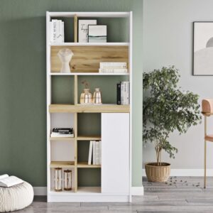 Bücherregal mit 6 Regalböden 1 Tür aus Spanplatte Weiß und Eichefarbe 76x170x25cm Spanplatte Braun Mobili Rebecca Möbel Wohnzimmermöbel Regale