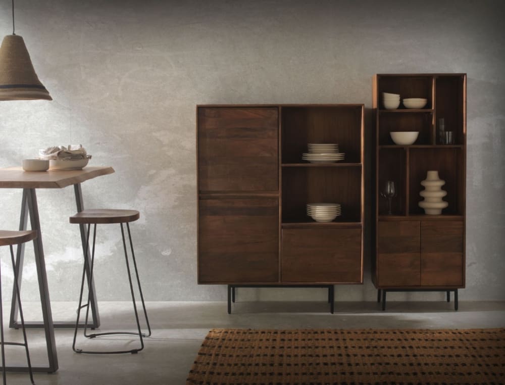 Regal mit 2 Türen aus massivem Mangoholz und Metallgestell 60x160x30cm Holz Braun GEESE HOME Möbel Wohnzimmermöbel Regale