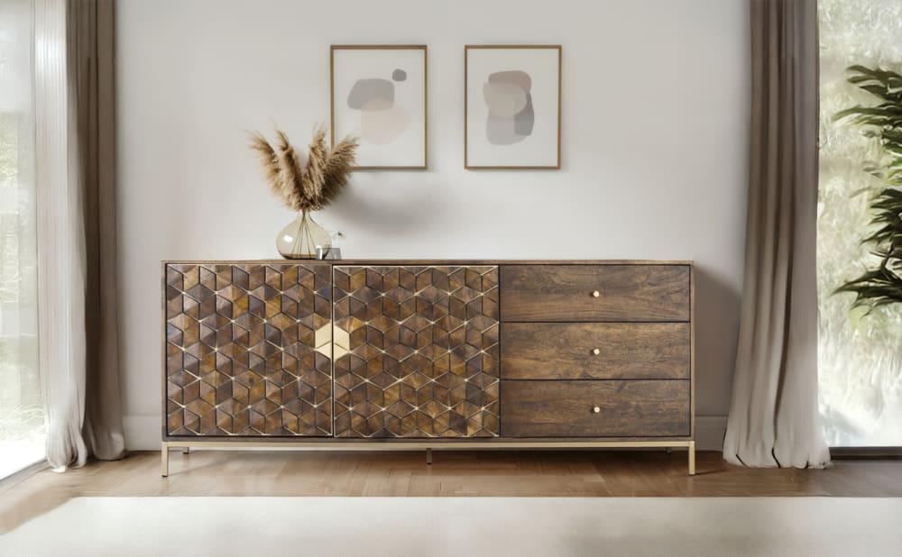 wohnli-moebel-suche-M24045650-1 Anspruchsvolles Sideboard aus Mangoholz und Metall in Walnuss und Gold 190x77x40cm Holz Braun GINER Y COLOMER Möbel Esszimmermöbel Sideboards, Highboards & niedrige Anrichten
