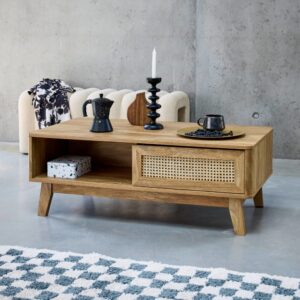 wohnli-moebel-suche-M24053255-1 Couchtisch 2 Nischen 1 Schiebetür Rohrgeflecht 110x40x59cm Spanplatte Beige sweeek Möbel Wohnzimmermöbel Couchtische