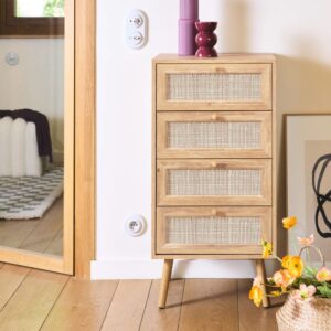 Wohnli Möbelsuche - Kommode mit 4 Schubladen in Holz- und Rohrgeflechtoptik