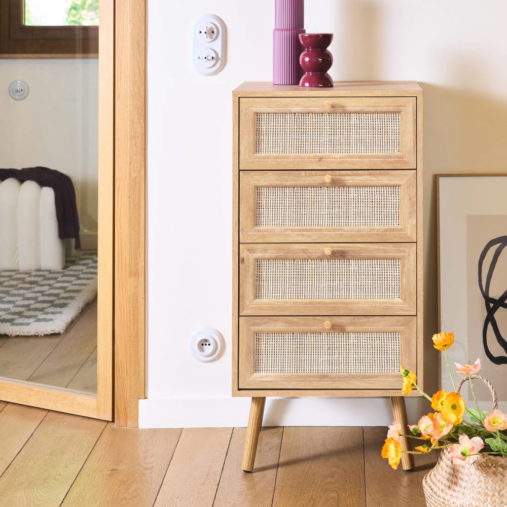 Wohnli Möbelsuche - Kommode mit 4 Schubladen in Holz- und Rohrgeflechtoptik