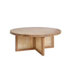 Wohnli Möbelsuche - Runder Couchtisch aus massivem Teakholz mit Rohrgeflechtfuß Ø 100 cm