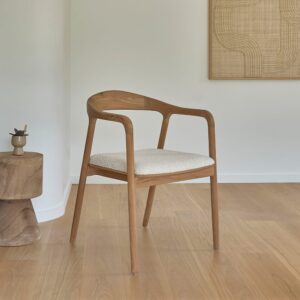 wohnli-moebel-suche-M24058511-1 Stuhl aus massivem Teakholz Sitzfläche aus Bouclé 58x80x57cm Holz Beige BERAH GETAH Möbel Esszimmermöbel Stühle