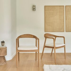 wohnli-moebel-suche-M24058513-1 Set aus 2 Stühlen aus massivem Teakholz mit Bouclé-Sitzfläche 58x80x57cm Holz Beige BERAH GETAH Möbel Esszimmermöbel Stühle