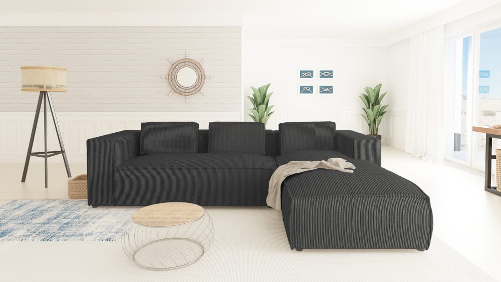 Modernes Ecksofa aus Grau Cord-Bezug 176x64x262cm PES - Polyester Schwarz S-Style Sofas und Sessel Sofas Ecksofas