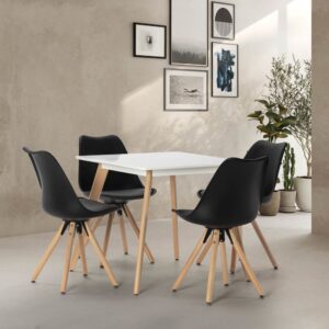 wohnli-moebel-suche-M24062404-1 Packung mit Esstisch 80x80 cm und 4 Stühlen Schwarz 80x74x80cm Spanplatte Schwarz HOMN Möbel Esszimmermöbel Tisch- und Stuhlset für den Außenbereich