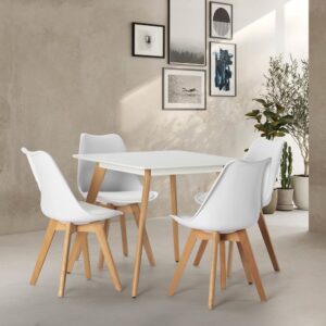 wohnli-moebel-suche-M24062409-1 Packung mit Esstisch 80x80 cm und 4 Stühlen Weiß 80x74x80cm Spanplatte Weiß HOMN Möbel Esszimmermöbel Tisch- und Stuhlset für den Außenbereich
