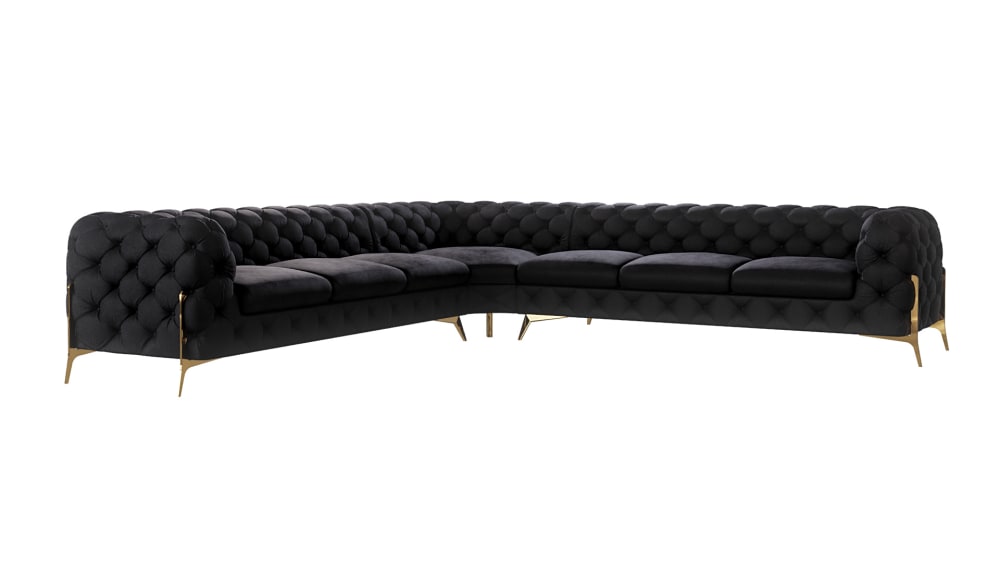 wohnli-moebel-suche-M24064708 Wohnli Möbelsuche - Ecksofa Chesterfield aus Samt mit goldenen Metall-Füßen