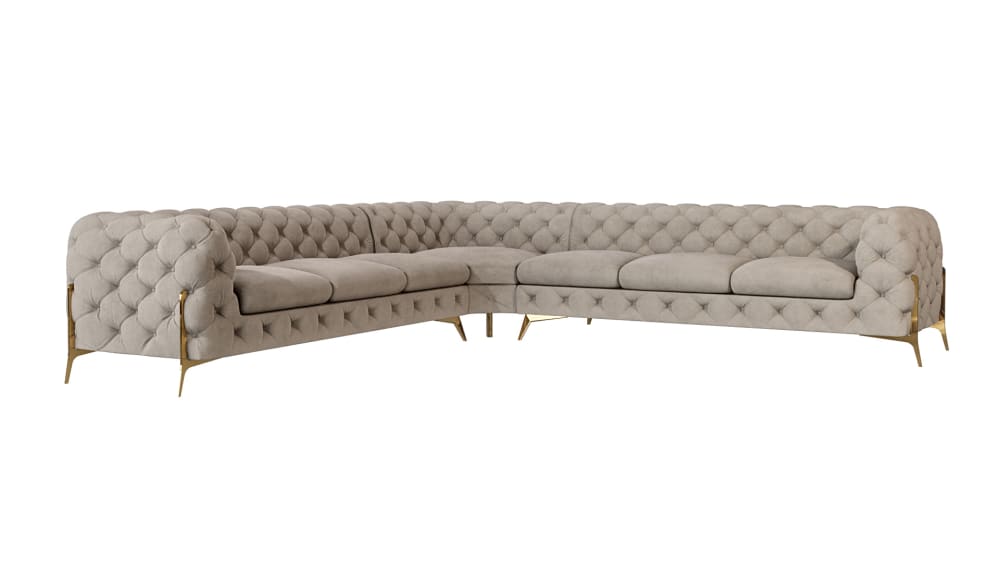 wohnli-moebel-suche-M24064709 Wohnli Möbelsuche - Ecksofa Chesterfield aus Samt mit goldenen Metall-Füßen