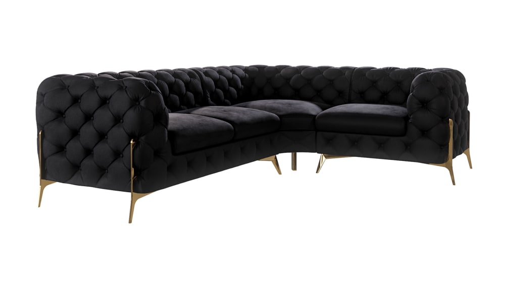 wohnli-moebel-suche-M24064713 Wohnli Möbelsuche - Ecksofa Chesterfield aus Samt mit goldenen Metall-Füßen