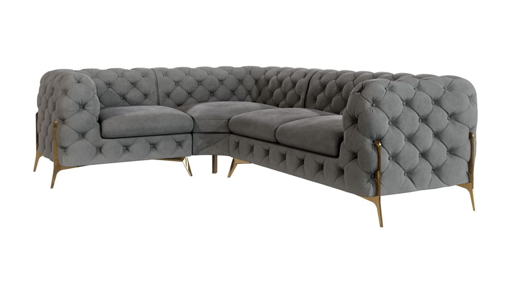wohnli-moebel-suche-M24064719 Wohnli Möbelsuche - Ecksofa Chesterfield aus Samt mit goldenen Metall-Füßen
