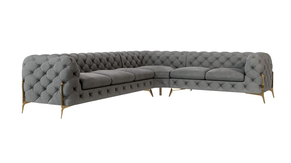 wohnli-moebel-suche-M24064724 Wohnli Möbelsuche - Ecksofa Chesterfield aus Samt mit goldenen Metall-Füßen