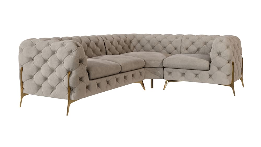 wohnli-moebel-suche-M24064727 Wohnli Möbelsuche - Ecksofa Chesterfield aus Samt mit goldenen Metall-Füßen