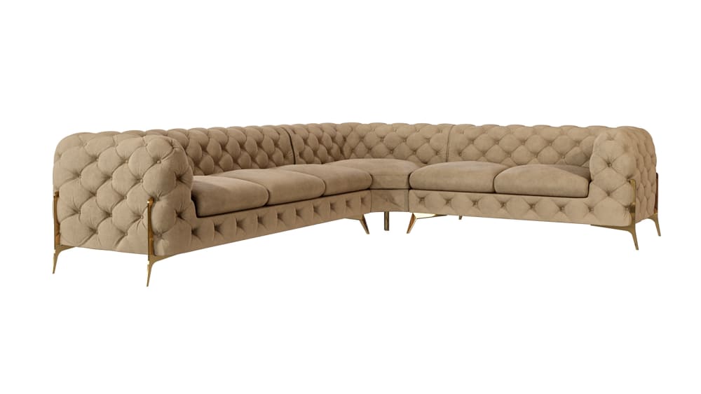 wohnli-moebel-suche-M24064734 Wohnli Möbelsuche - Ecksofa Chesterfield aus Samt mit goldenen Metall-Füßen