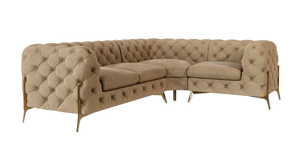 wohnli-moebel-suche-M24064742 Wohnli Möbelsuche - Ecksofa Chesterfield aus Samt mit goldenen Metall-Füßen