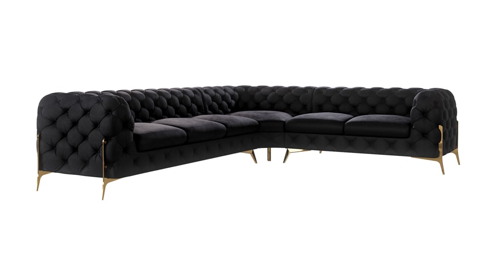 wohnli-moebel-suche-M24064746 Wohnli Möbelsuche - Ecksofa Chesterfield aus Samt mit goldenen Metall-Füßen