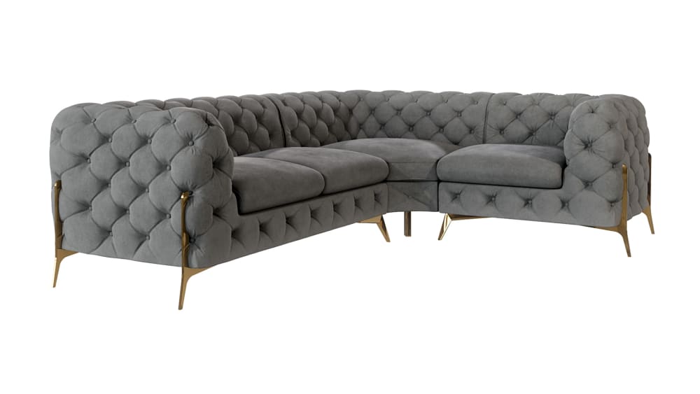 wohnli-moebel-suche-M24064747 Wohnli Möbelsuche - Ecksofa Chesterfield aus Samt mit goldenen Metall-Füßen