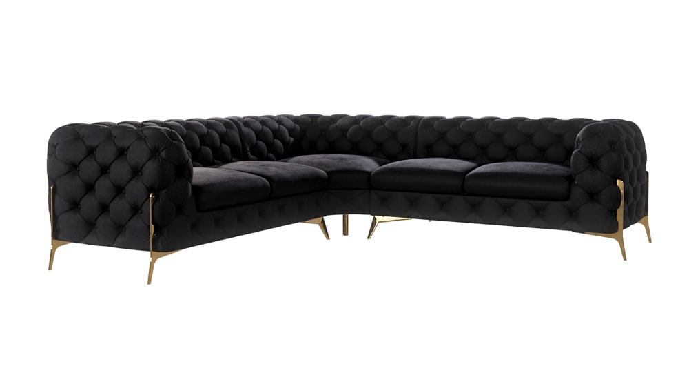 wohnli-moebel-suche-M24064751 Wohnli Möbelsuche - Ecksofa Chesterfield aus Samt mit goldenen Metall-Füßen