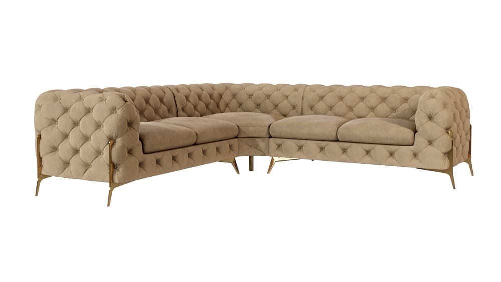 wohnli-moebel-suche-M24064757 Wohnli Möbelsuche - Ecksofa Chesterfield aus Samt mit goldenen Metall-Füßen