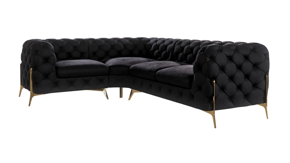 wohnli-moebel-suche-M24064761 Wohnli Möbelsuche - Ecksofa Chesterfield aus Samt mit goldenen Metall-Füßen