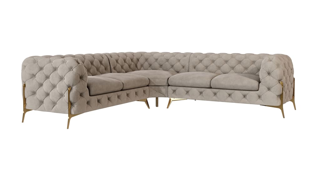 wohnli-moebel-suche-M24064763 Wohnli Möbelsuche - Ecksofa Chesterfield aus Samt mit goldenen Metall-Füßen