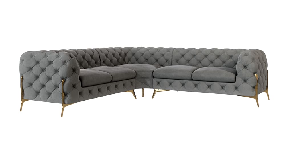 wohnli-moebel-suche-M24064779 Wohnli Möbelsuche - Ecksofa Chesterfield aus Samt mit goldenen Metall-Füßen
