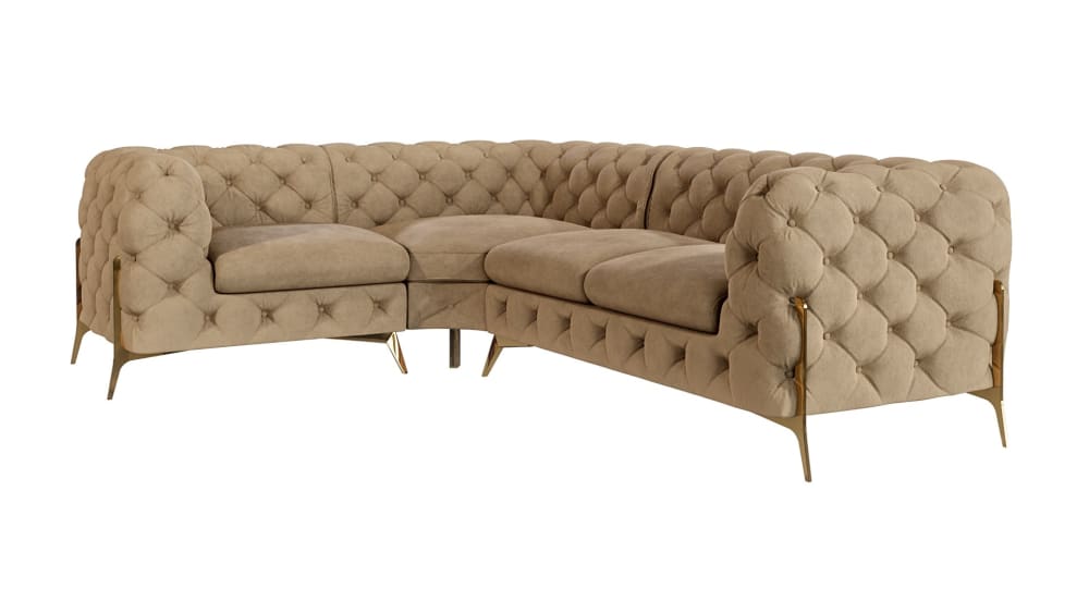 wohnli-moebel-suche-M24064780 Wohnli Möbelsuche - Ecksofa Chesterfield aus Samt mit goldenen Metall-Füßen