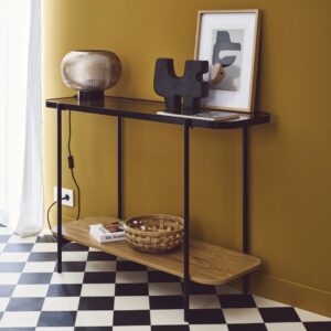 Vintage-Konsole aus schwarzem Metall mit zwei Ablageflächen 110x76x39cm Spanplatte Beige sweeek Möbel Wohnzimmermöbel Konsolentische