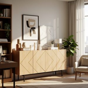 Konsolentisch aus hellem Holz mit goldenen geometrischen Mustern 160x78x40cm Spanplatte Beige Urban Meuble Möbel Wohnzimmermöbel Konsolentische
