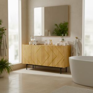 wohnli-moebel-suche-M24069846-1 Badezimmerwaschtisch aus hellem Holz mit goldenen Details 160x78x40cm Spanplatte Beige Urban Meuble Möbel Badezimmermöbel Badezimmerschränke