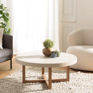 Runder Couchtisch aus beigem Beton mit gekreuzten Teakholzbeinen D92 92x41x92cm Beton Beige MACABANE Möbel Wohnzimmermöbel Couchtische