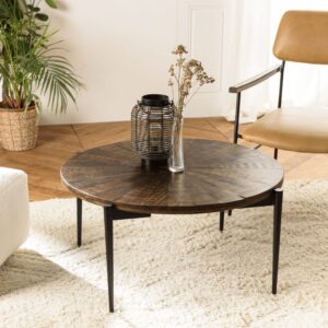 Runder Couchtisch aus recyceltem Holz mit Metallbeinen 80 cm 80x40x80cm Holz Braun MACABANE Möbel Wohnzimmermöbel Couchtische