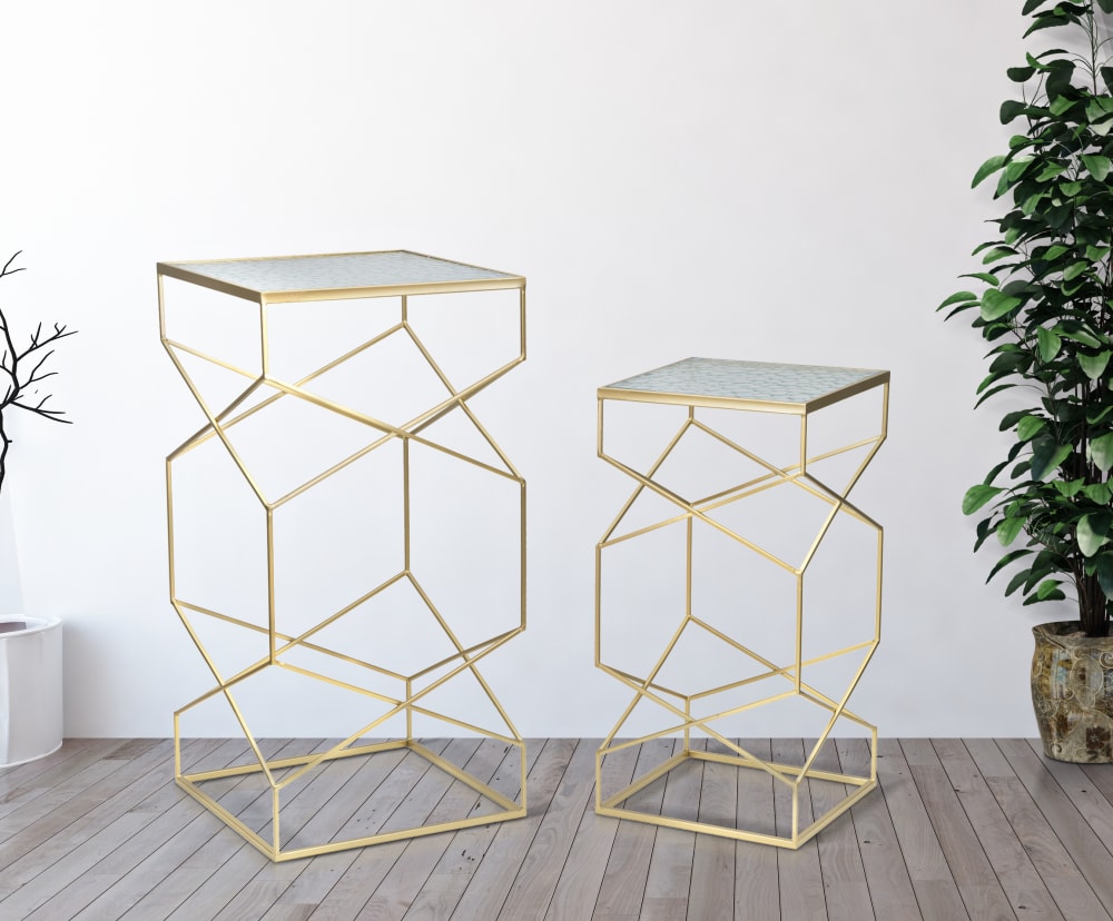2er Set Tische aus vergoldetem Metall und Glas cm 50x50x100-40x40x80 50x100x50cm Metall Gold Mauro Ferretti Möbel Wohnzimmermöbel Beistelltische