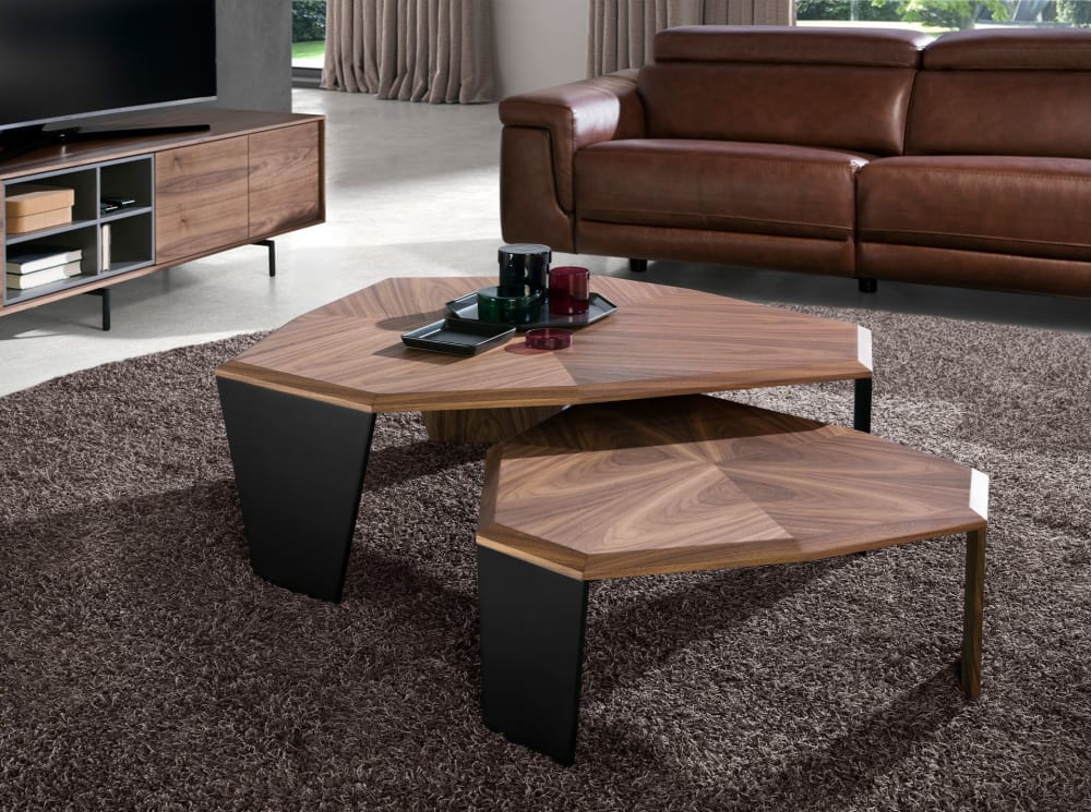 Asymmetrischer Couchtisch aus Walnussholz und schwarzem PVC 96x40x115cm Holz Braun Angel Cerda Möbel Wohnzimmermöbel Couchtische