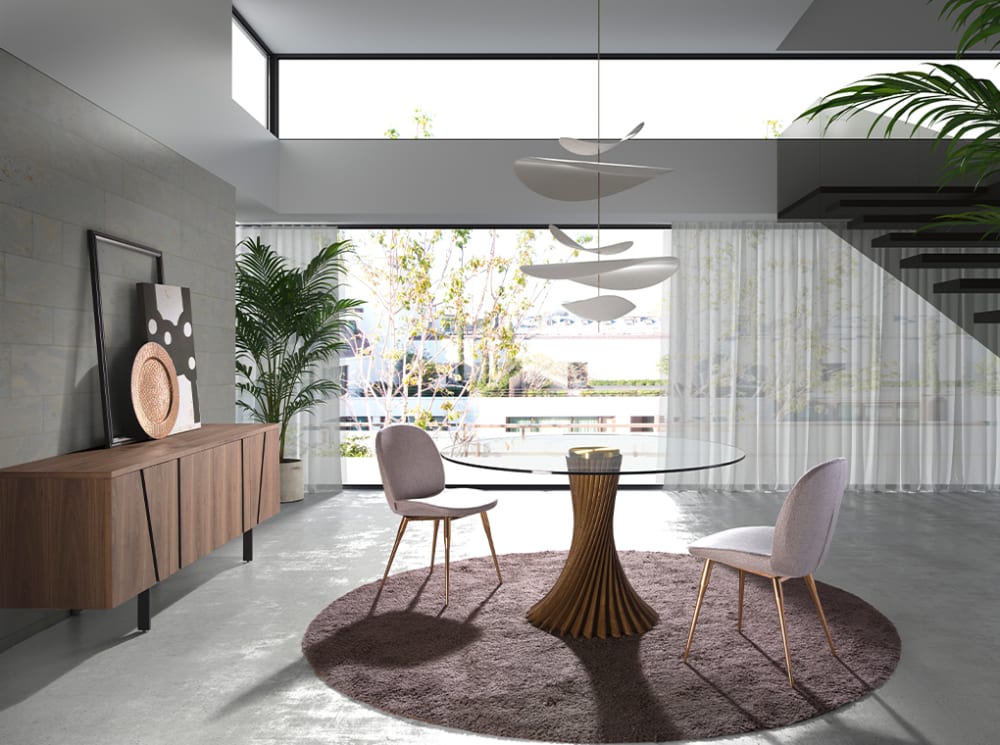 wohnli-moebel-suche-M24077479-1 Runder Esstisch aus gehärtetem Glas in Walnussholz 130x76x130cm Glas Braun Angel Cerda Möbel Esszimmermöbel Esstische