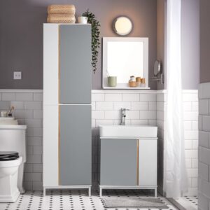 Hochschrank schmal mit 2 Türen aus Holz und Metall Hellgrau 50x181x30cm Spanplatte Grau SoBuy Möbel Badezimmermöbel Bad-Hochschränke