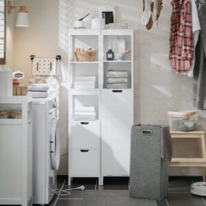 Hochschrank mit ausklappbarem Wäschesack Holz Weiß 30x145x30cm Spanplatte Weiß SoBuy Möbel Badezimmermöbel Bad-Hochschränke