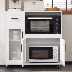 Sideboard auf Rollen mit Mikrowellenregal und Türen Holz Weiß 89x89x40cm Spanplatte Weiß SoBuy Möbel Küchenmöbel Kücheninseln & Servierwägen